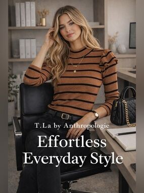 T.La by Anthropologie Striped Mock Neck Ruffle Top | Brown & Black | Size Medium